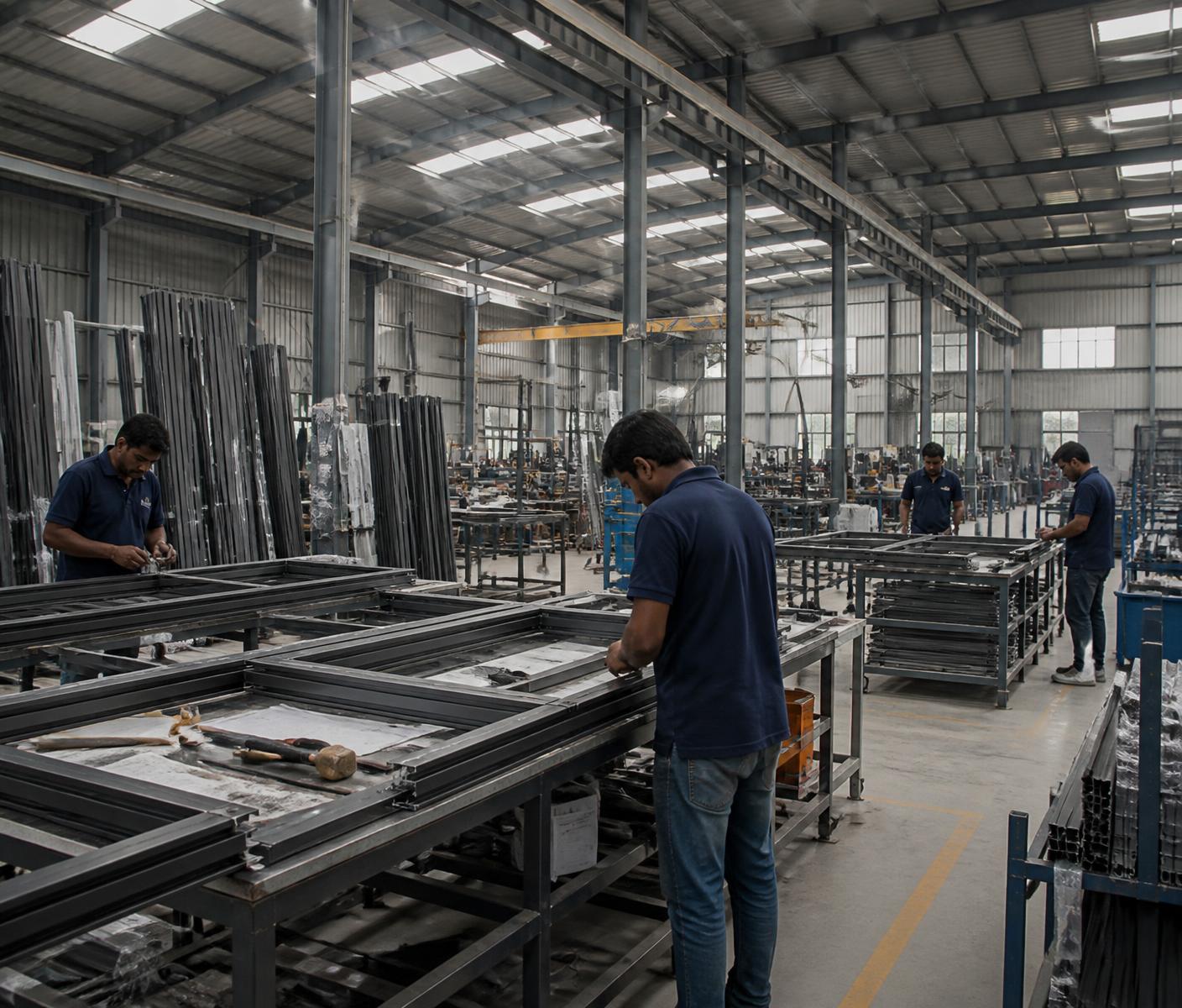 Fabricators assembling aluminium window frames inside the Dev Shree workshop